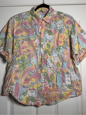 Vintage Retro Colorful Pastel Peach City Scape Floral Abstract Button Up Shirt